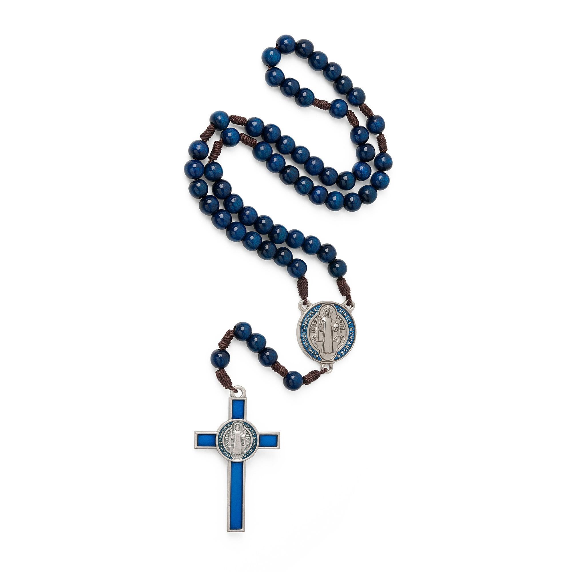 Miniatura Terço Madeira Imbuia Azul Medalha São Bento 10mm Crucifixo
