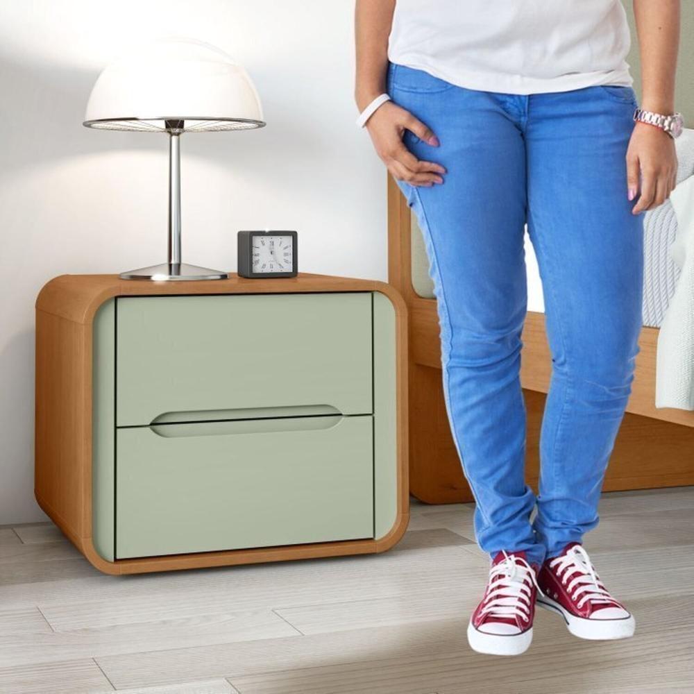Quarto Infantil com 2 Camas Solteiro Loop Tecido Boucle e Mesa de Cabeceira 2 Gavetas Loop Amendoa Clean/Salvia