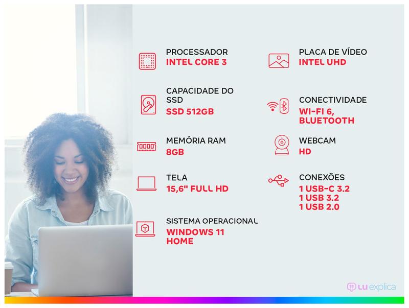 Miniatura Notebook Dell Inspiron 15 I15-I3100-A15P Intel Core 3 8GB RAM 512GB SSD 15,6" Full HD Windows 11 I15-I3100-A15P Preto