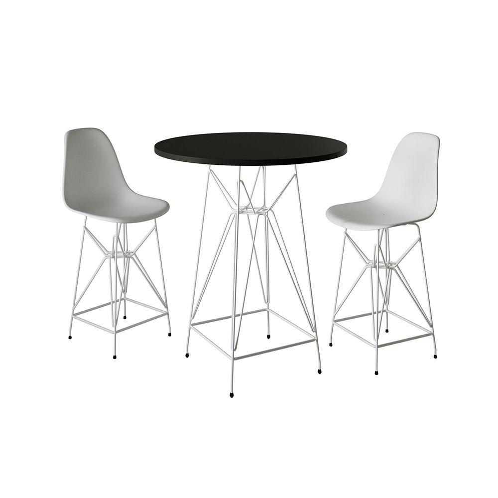 Miniatura Jogo Mesa Bistrô Eames Preta 60Cm 2 Banquetas Branca Base Ferro Branco - Cor: Preto