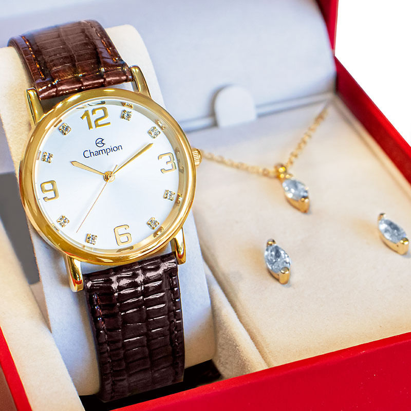 Relógio Feminino Champion Analógico Couro Marron Kit Colar e Brincos CN20186B