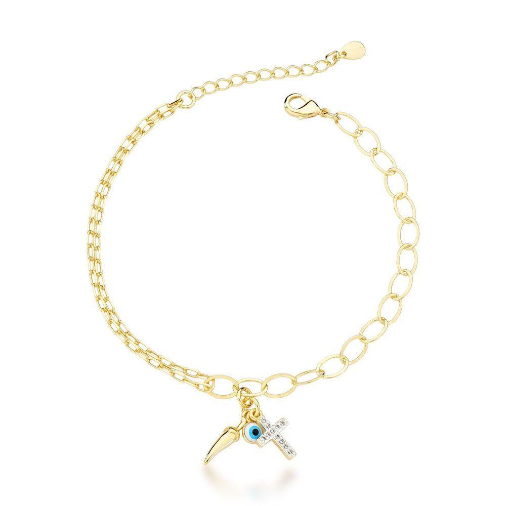 Miniatura Pulseira Olho Grego, Pimenta E Cruz Banhada A Ouro 18k - 18cm