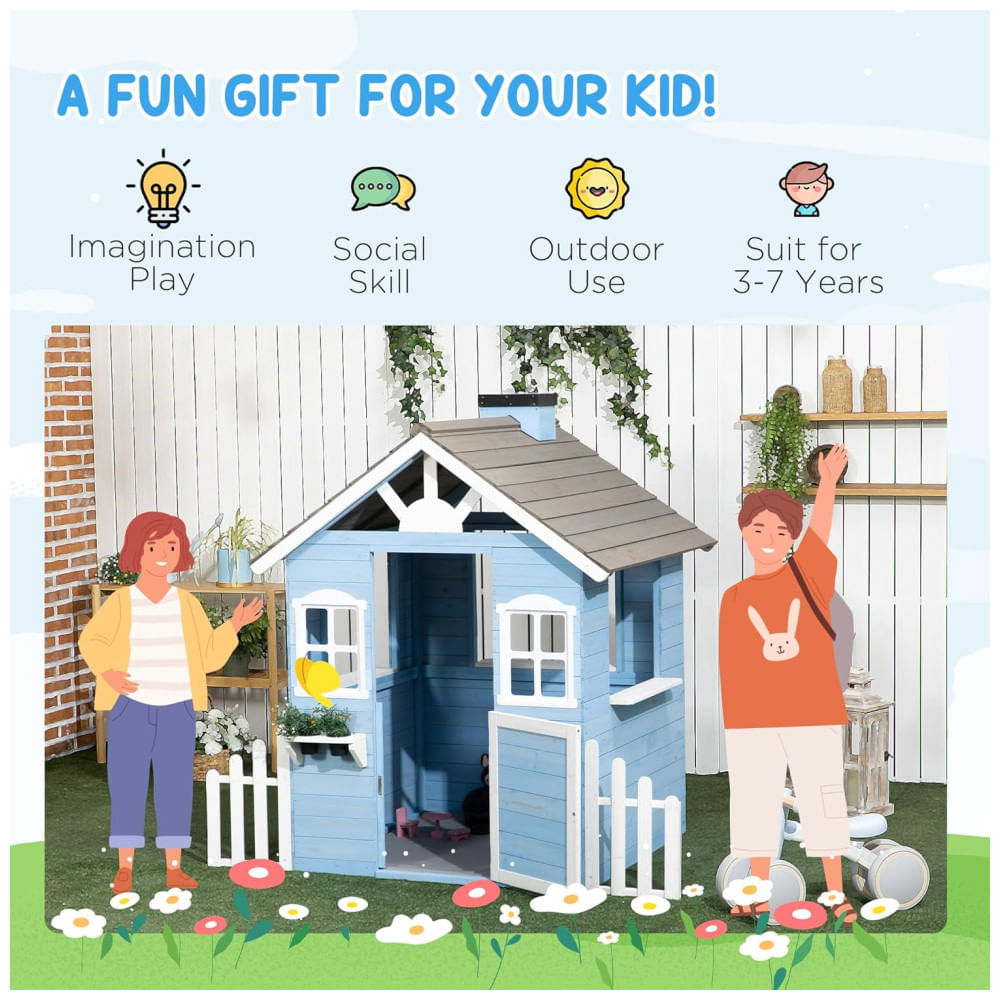 Miniatura Casinha Infantil de Madeira para Área Externa Estilo Country com Porta, Janelas, Posto de Serviço e Vasos de Flores para Crianças de 3 a 7 Anos, 110v