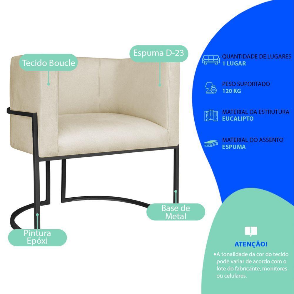 Poltrona Dália Luxo Moderna Estofada Design Sofisticado Com Base De Ferro Preto Bouclé Bege