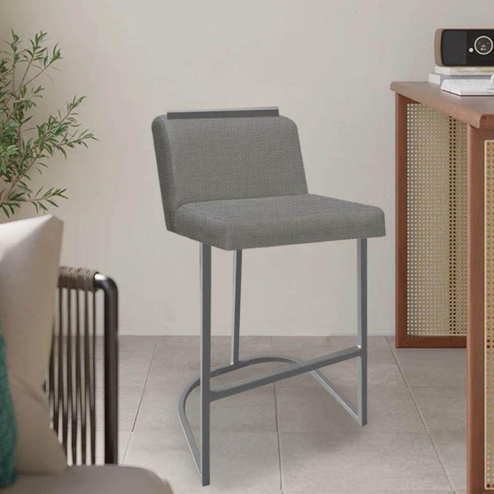 Miniatura Banqueta Com Encosto Nynna Luxo Confort Bistrô Cozinha Ferro Prata Linho Cinza - Amey Decor