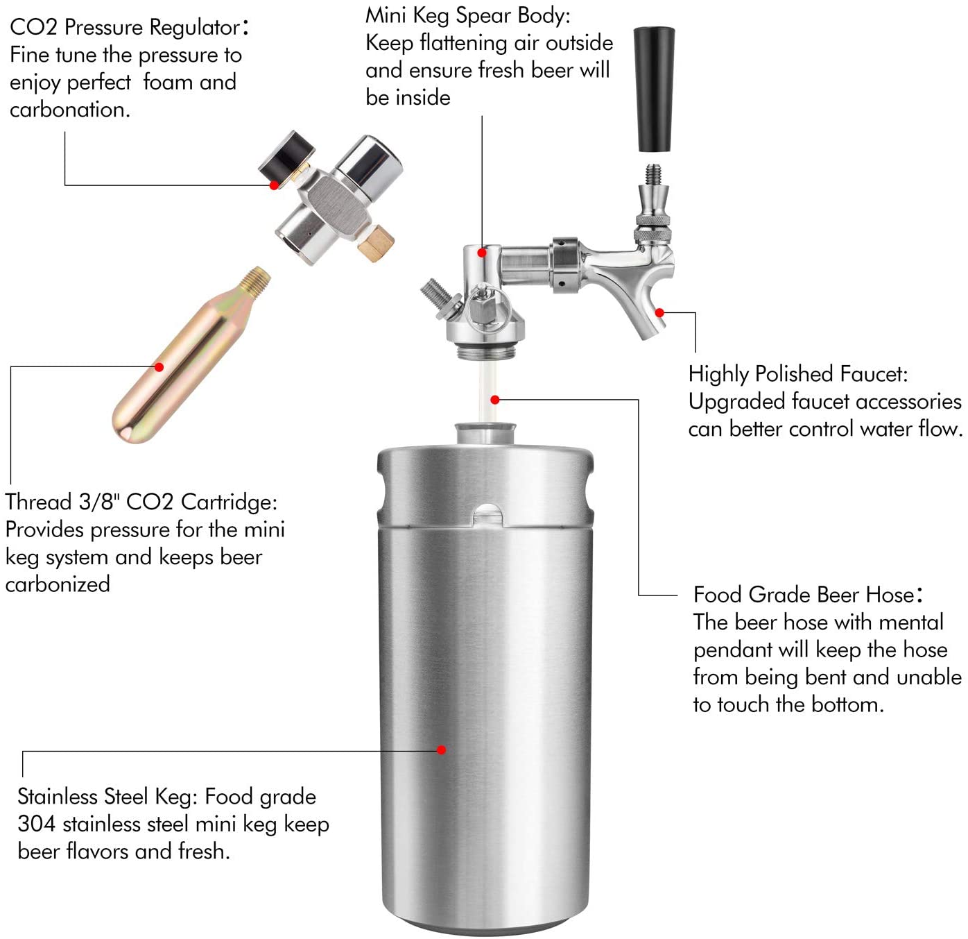 Miniatura TMCRAFT Chopeira Portátil 5L com Torneira e Regulador de CO2 Aço Inoxidável Prata