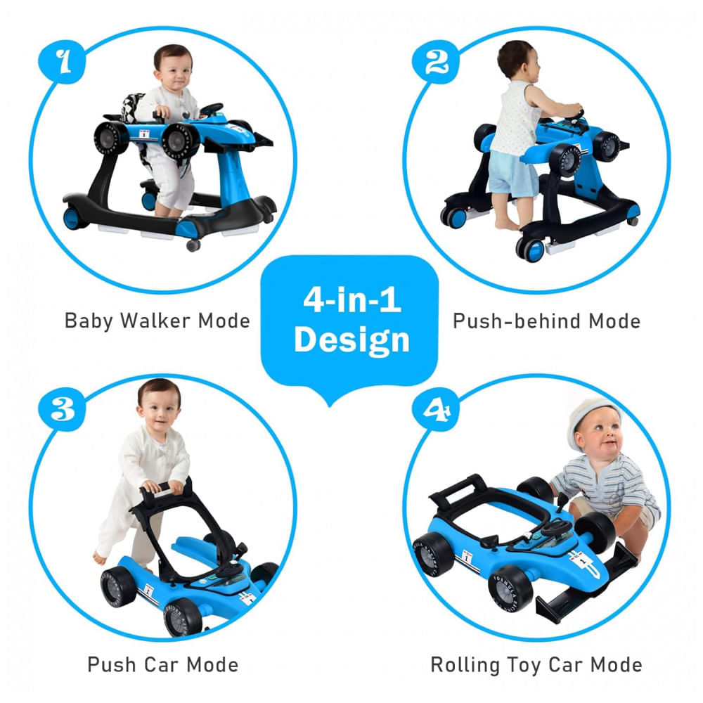 Andador Infantil Interativo 4 em 1 com Sons, Luzes e Atividades, Baby Joy, Azul