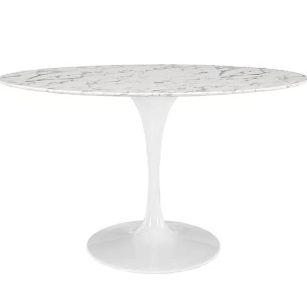 Miniatura Mesa De Jantar Tulipa Saarinen Redonda 110 Cm Mármore Carrara Base Branca