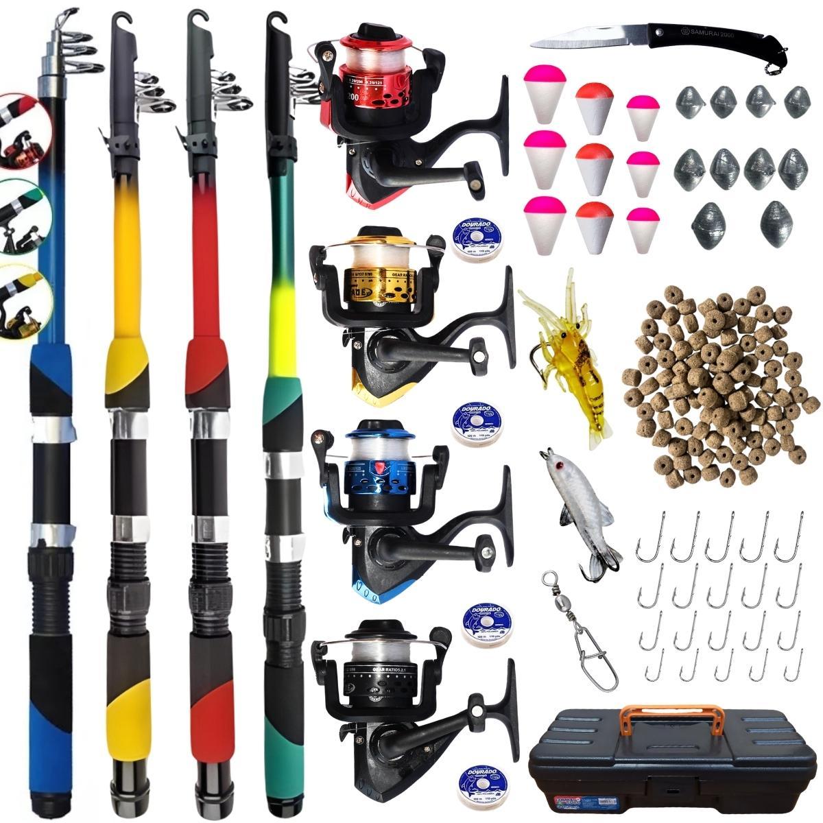 Miniatura Kit Pesca Completo 4 Varas Telescópica + 4 Molinetes + Iscas