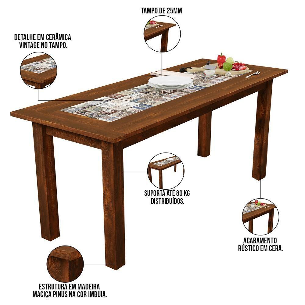 Mesa De Jantar Com Cerâmica Rústica 02 Bancos De Madeira Maciça Pinus 120cm W02 Imbuia - Lyam Decor
