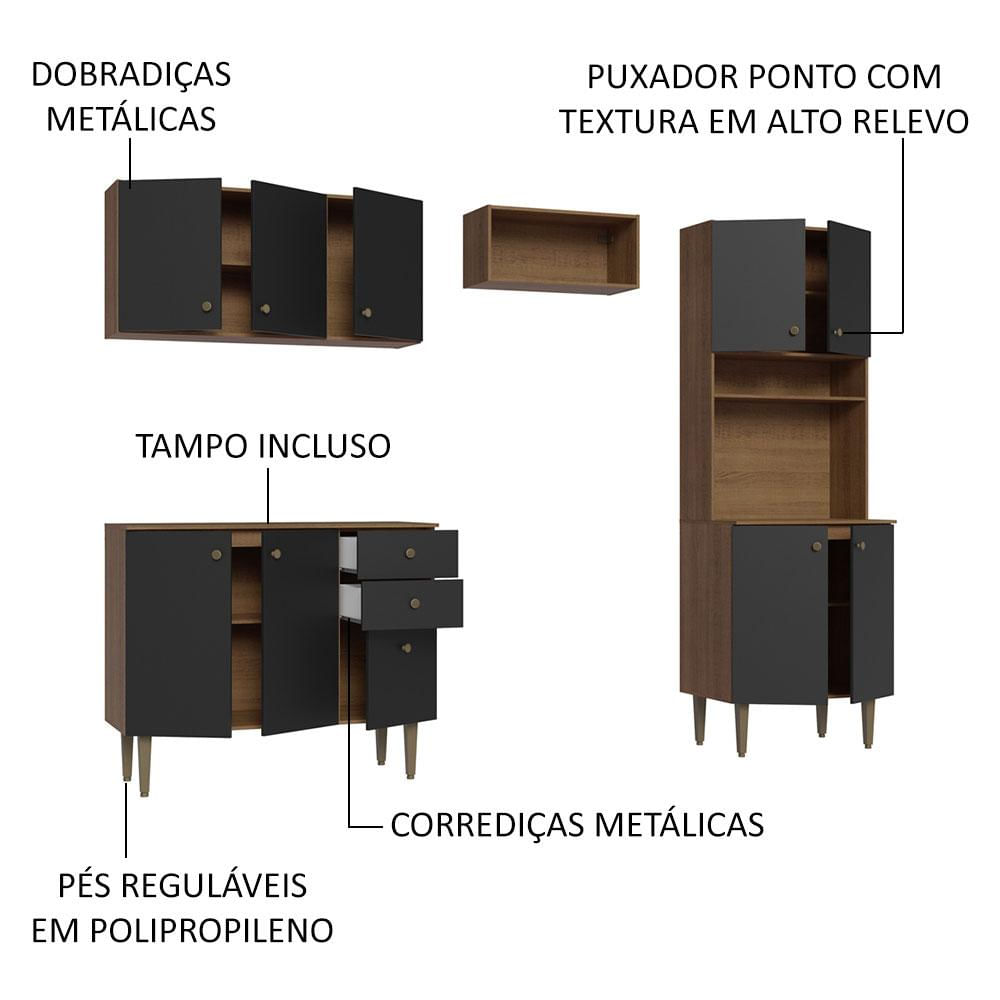 Miniatura Armário de Cozinha Compacta 235cm Rustic/Preto Gourmet Madesa 01 Rustic/Preto