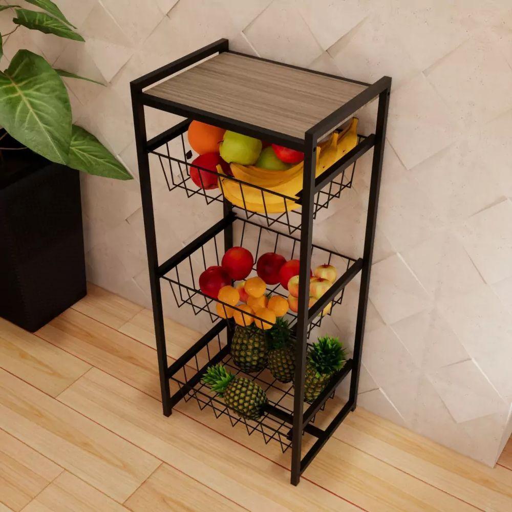 Fruteira 3 Cestos Cozinha Preto Em Aço Base Amadeirado