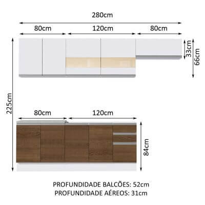 Cozinha Completa Madesa Marcela Com Armário e Balcão (Sem Tampo e Pia) Branco/Rustic/Branco Cor:Branco/Rustic/Branco