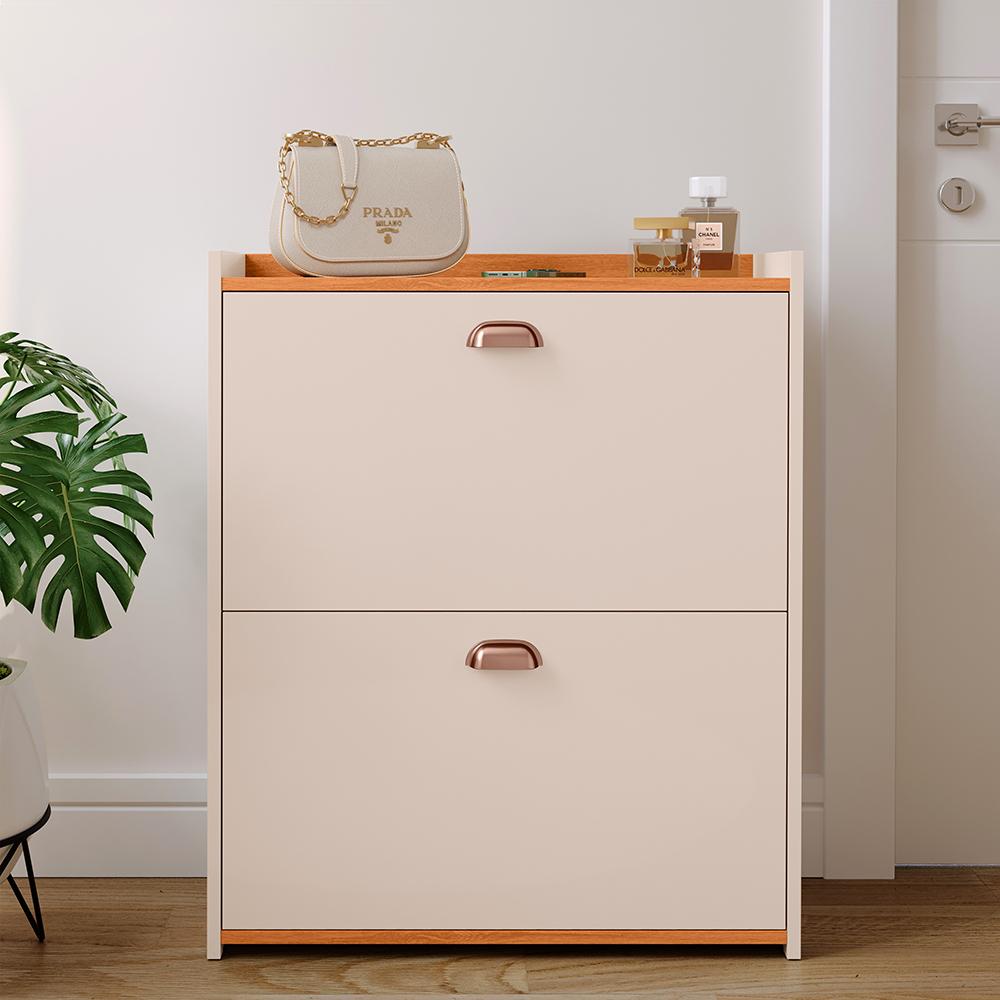 Miniatura Sapateira Closet Vertical Organizadora 12 Pares Calçados Unissex Prateleira 2 Andares Gavetas Basculante Off White/Cinamomo - Lojas RPM