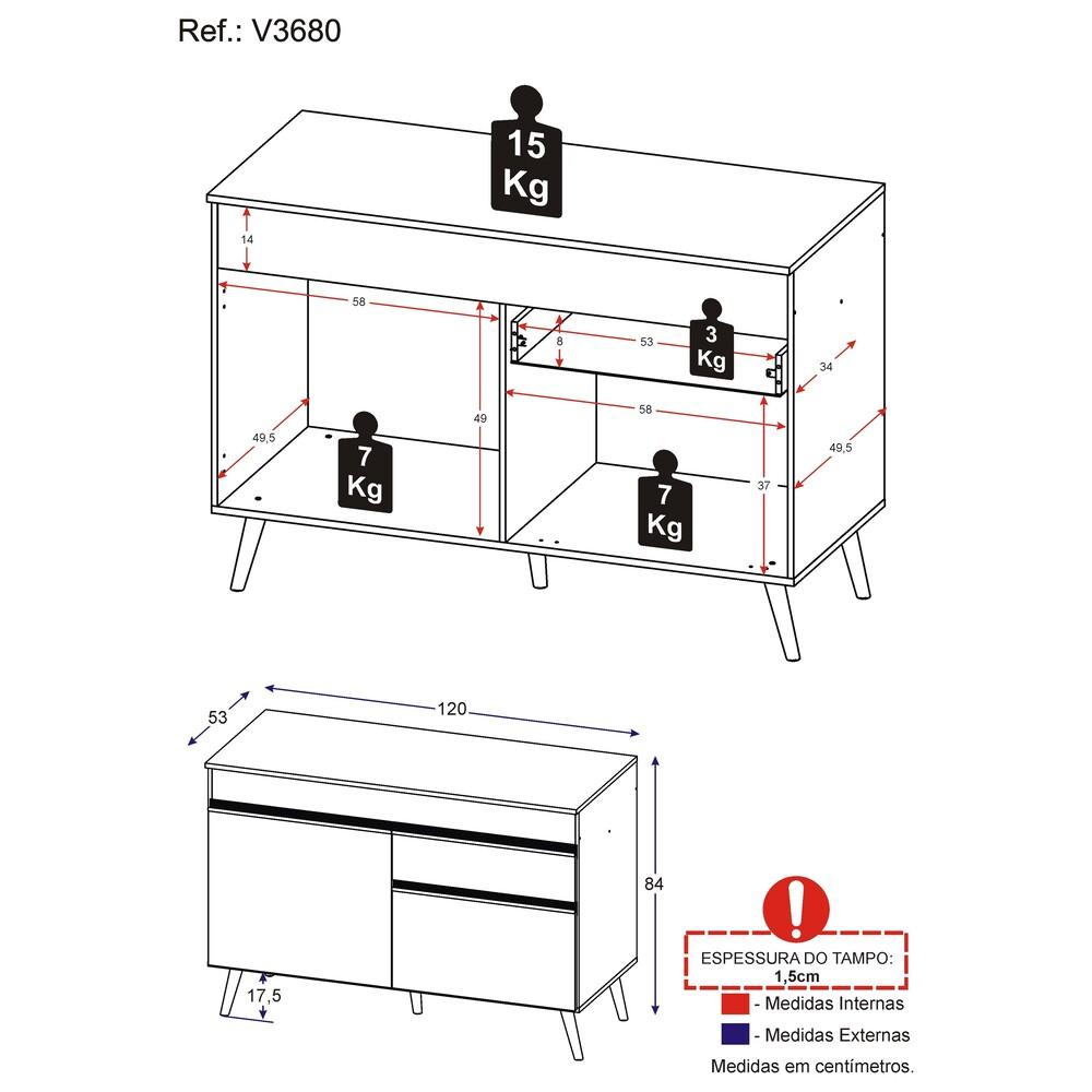 Miniatura Balcão Cozinha 120cm 2 Portas 1 Gaveta Veneza Multimóveis V3680 Branco
