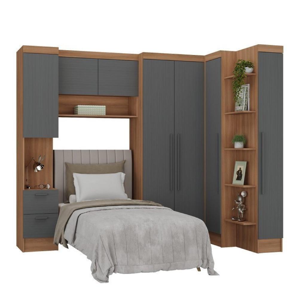 Guardo Roupa Modulado 7 Portas 4 Gavetas 5 Peças Hecol Móveis Nogal/Grafite