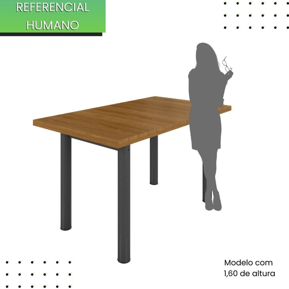 Miniatura Mesa Retangular Tampo Madeira Maciça Ripado 140x75cm Base Tubo 3" Madeira Maciça/Preto