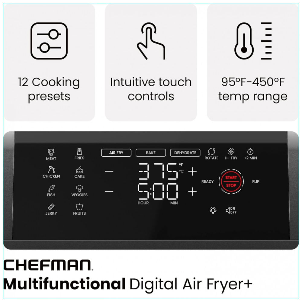 Miniatura Forno Fritadeira AirFryer 6 em 1 com 12 Predefinições, Rotisserie e Desidratador, 110V 1700W, Chefman, Preto