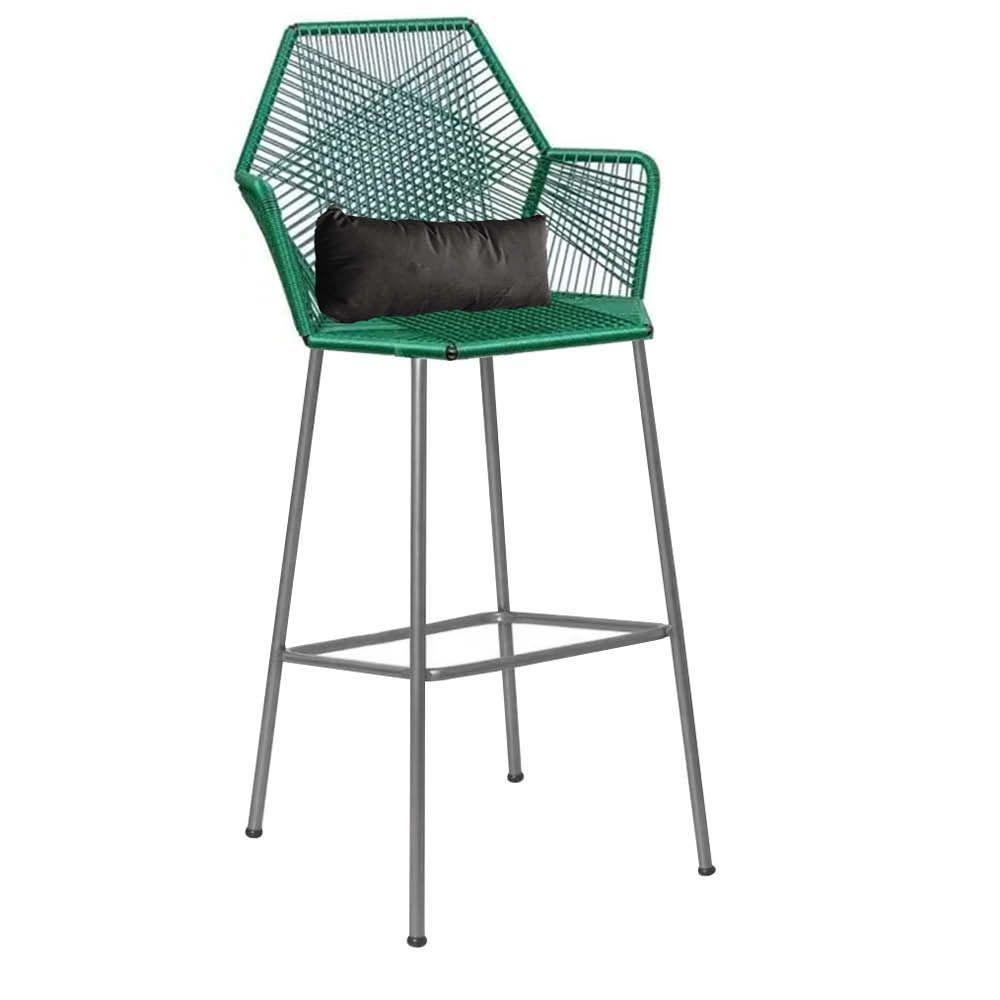 Miniatura Banqueta Alta Com Encosto Ferro Prata Fibra Verde Almofada Cinza