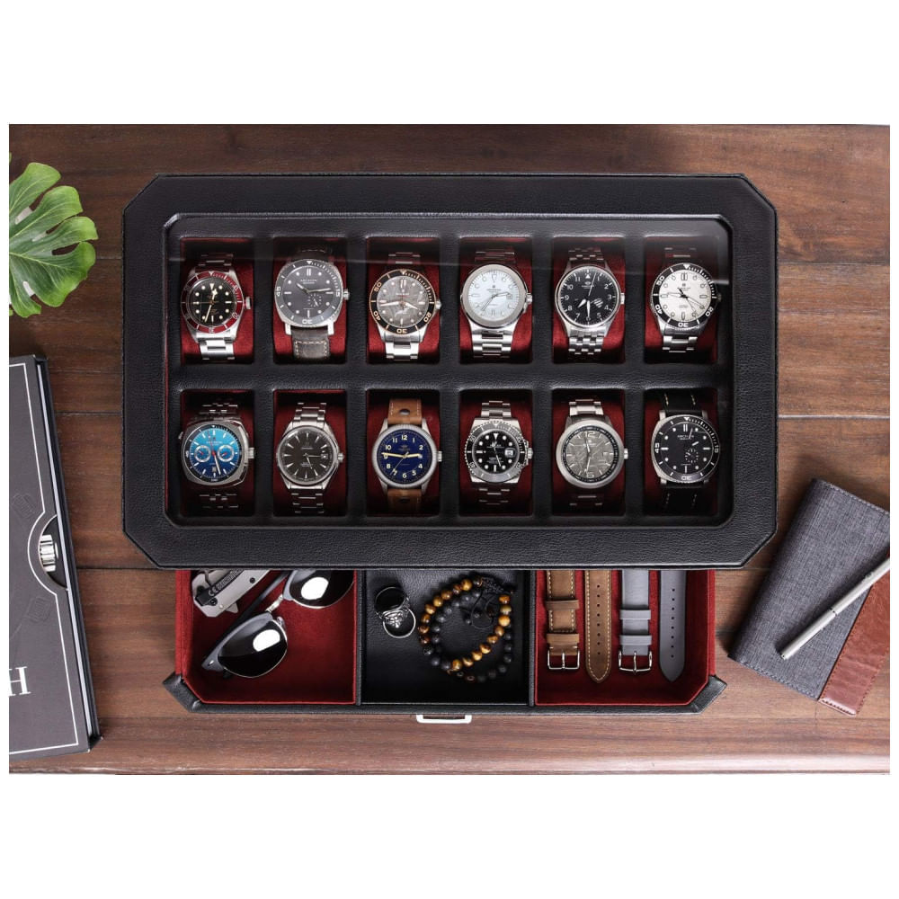 Miniatura Caixa, Estojo de Couro com Gaveta de Manobrista para Relógios com 12 Compartimentos, ROTHWELL, Preto e Vermelho