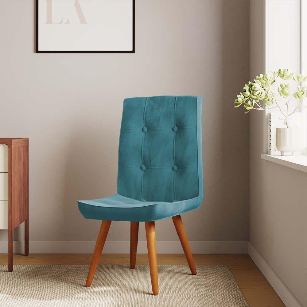 Kit 04 Cadeira De Jantar Base Pé Palito Caramelo Suede Azul Turquesa - Amey Decor