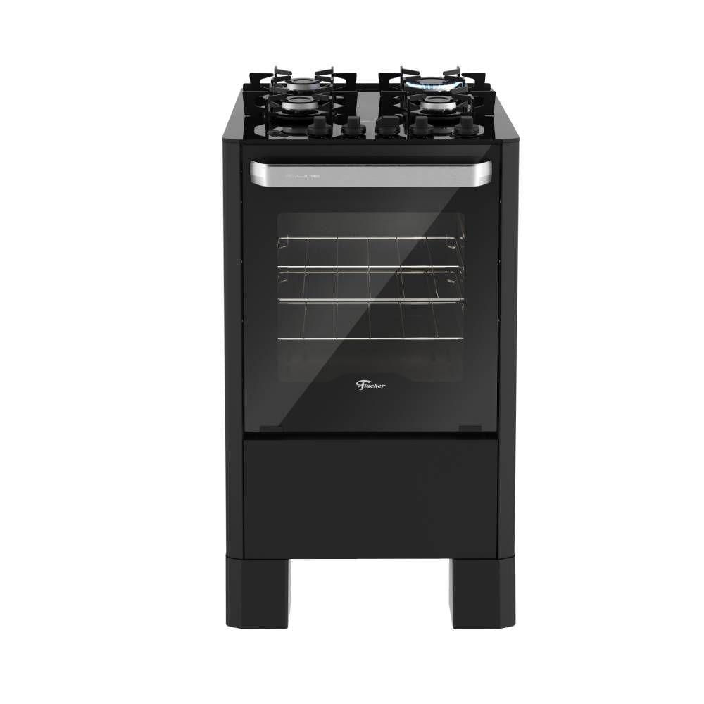 Fogão Fischer Fit Line 4 Bocas Preto Mesa De Vidro E Trempe Iron Bivolt