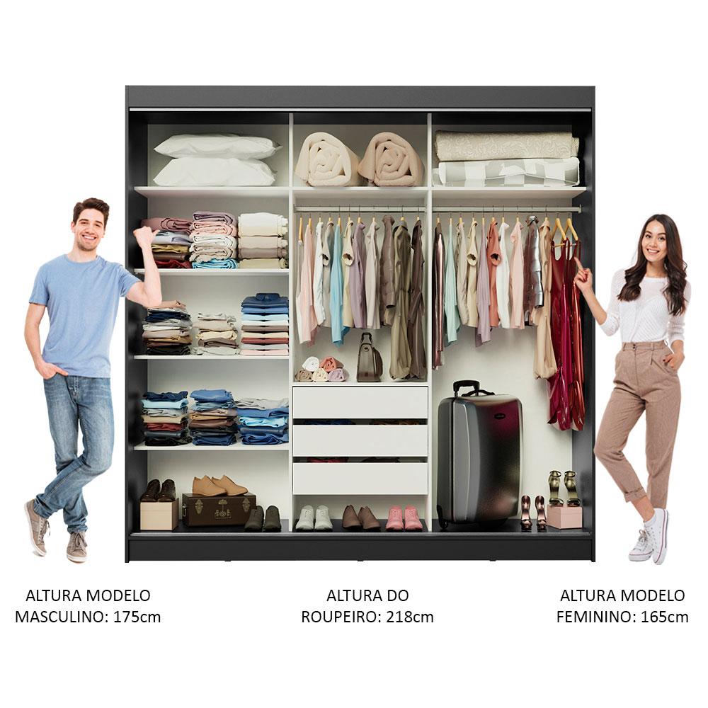 Miniatura Guarda-Roupa Casal Madesa Kansas 3 Portas de Correr 3 Gavetas Preto
