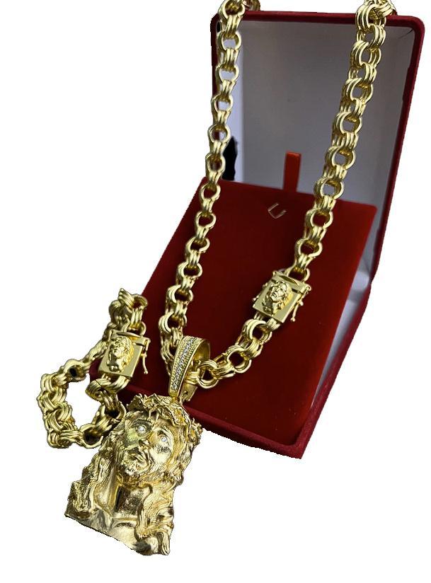 Miniatura Corrente Friso + Pulseira 12Mm + Pingente Jesus Cristo Fecho