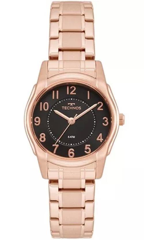 Miniatura Relogio Feminino Rose Gold Technos Pequeno Fundo Preto