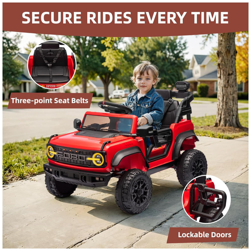 Miniatura Carro Elétrico Infantil 12V, Ford Bronco 1 Assento, com Controle Remoto, Suspensão nas 4 Rodas, Música via Bluetooth, First Ride On, Vermelho 110v