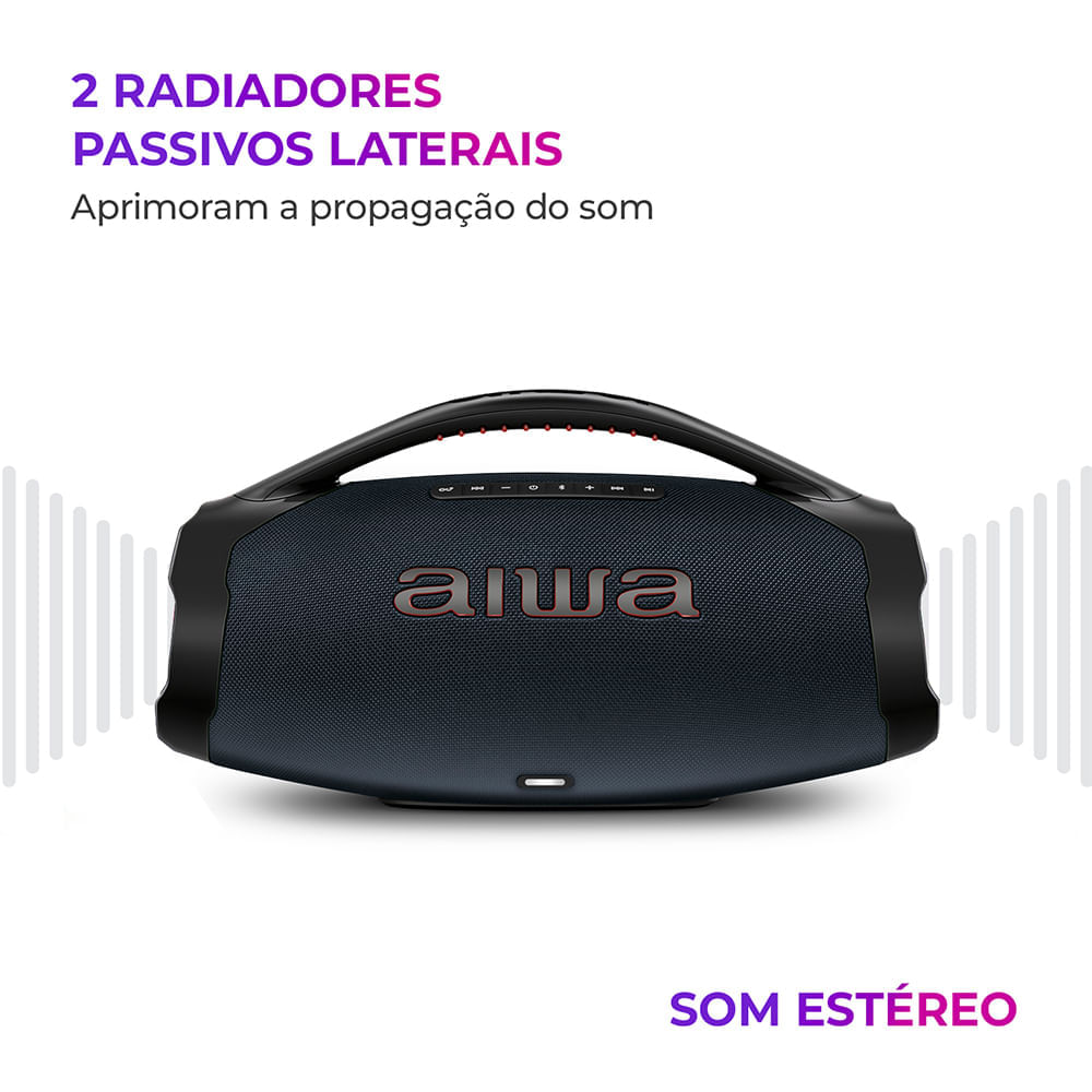 Caixa de Som Boombox Plus AIWA BBS-01-LBL 200W BT 30H IP66 USB RGB BOOMBOX C/ LUZES AWS-BBS-01-LBL BIVOLT