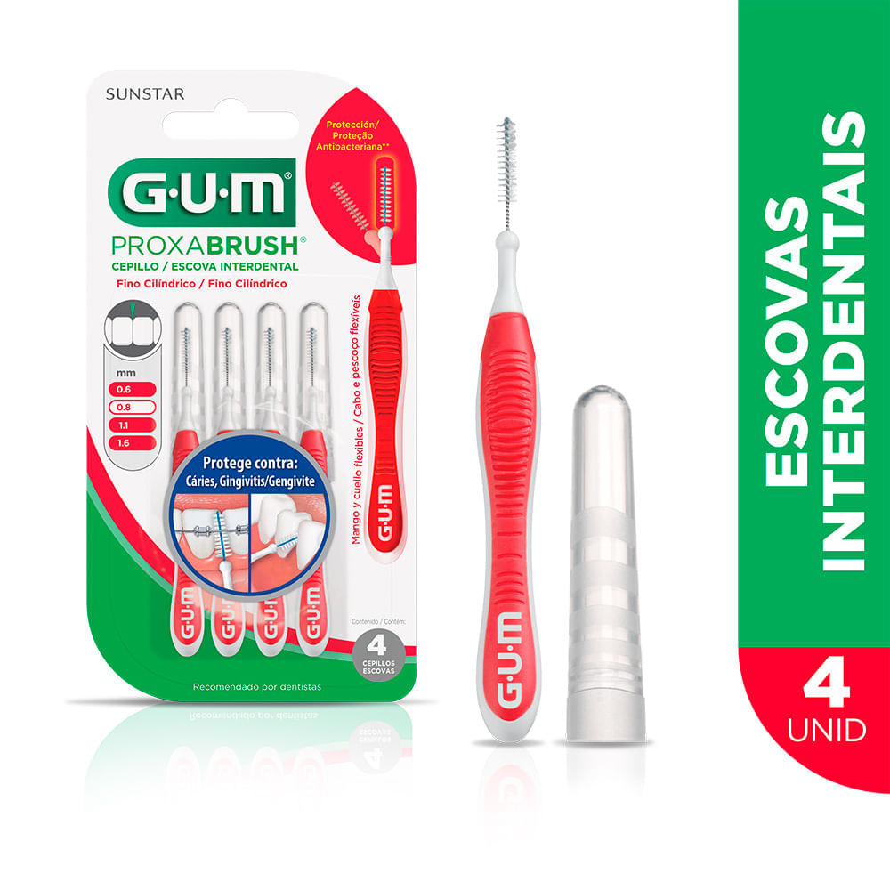 Miniatura Escova Interdental Gum Proxabrush 0,8mm Fino Cilíndro com 4 Unidades