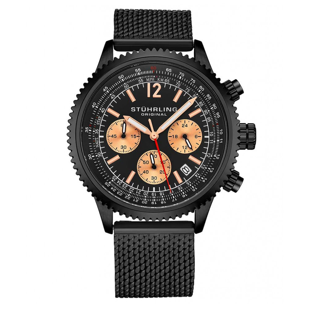 Miniatura Relógio Cronógrafo Stuhrling Monaco 669M e 3976 de 42mm, Mostrador Preto e Pulseira de Aço Inoxidável Preto