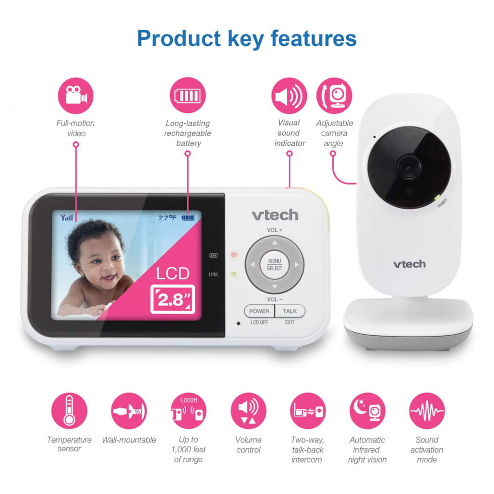 Miniatura Babá Eletrônica VTech VM819 Alcance 90 m2, Monitor 270º com Sensor de Temperatura e Canções, Branco