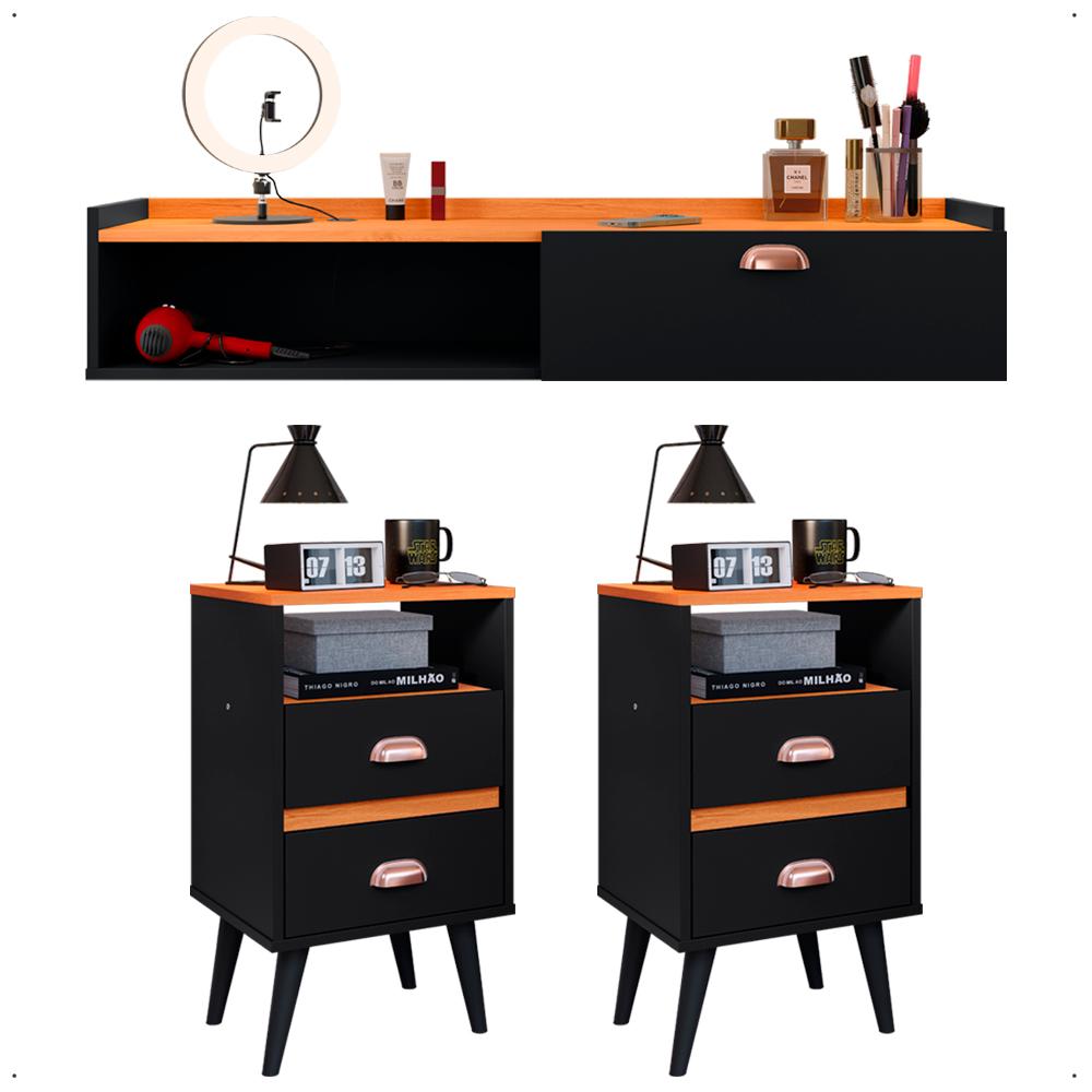 Miniatura Kit Quarto Classic 2 Mesas Cabeceira Retrô Pés Palito Penteadeira Suspensa Compacta Nicho Decorativo Suspenso Preto/Cinamomo - Lojas RPM