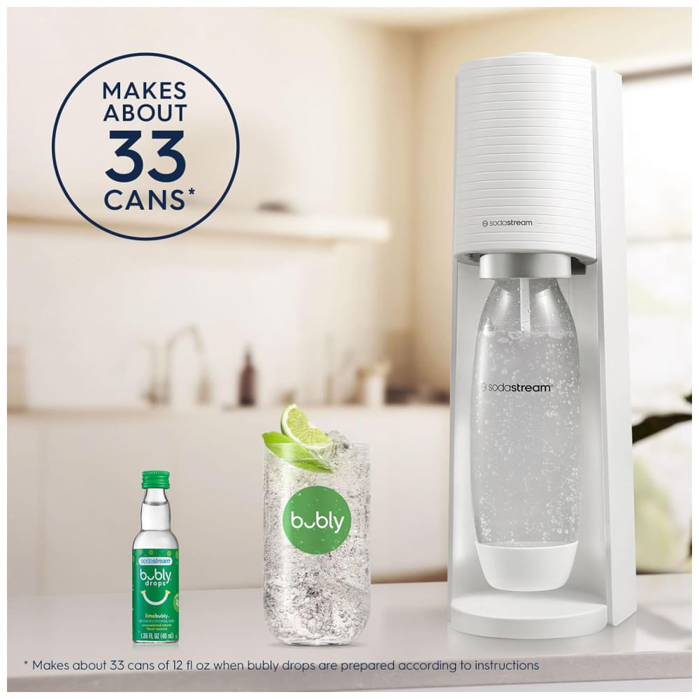Miniatura Máquina de Fazer Água com Gás SodaStream Terra Branca com CO2, Garrafa DWS e Gotas Bubly - Transforme Sua Hidratação!