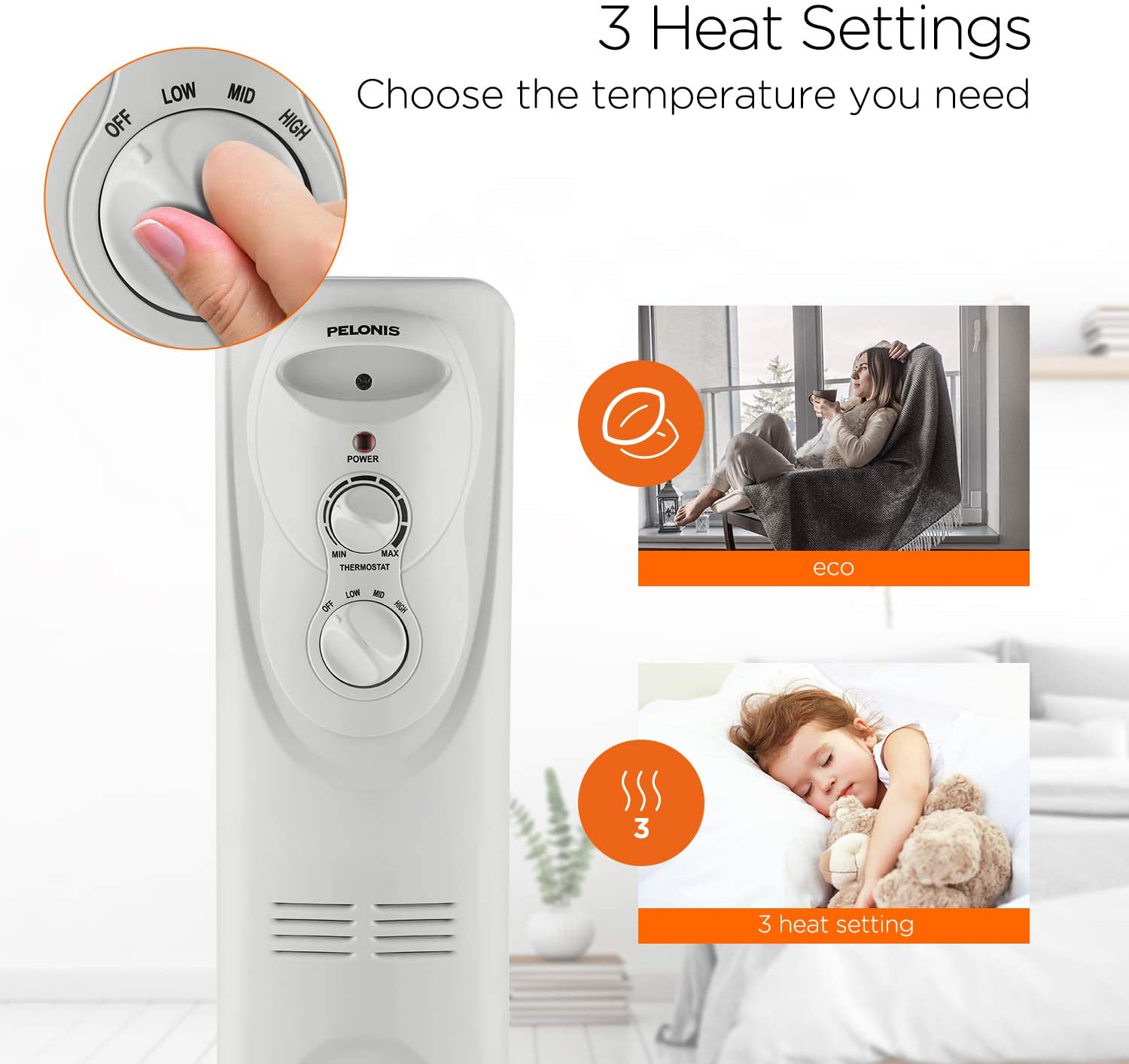 PELONIS PHO15A2AGW Aquecedor Elétrico a Óleo com Termostato A justável 1500W110V Branco