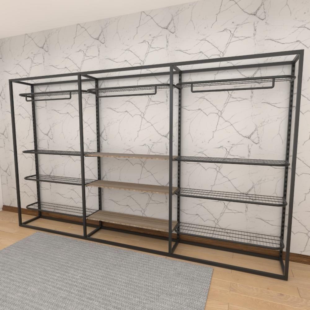 Miniatura Closet Araras, Guarda Roupas Aberto Industrial Com 21 Peças Preto E Amadeirado Fdprae165