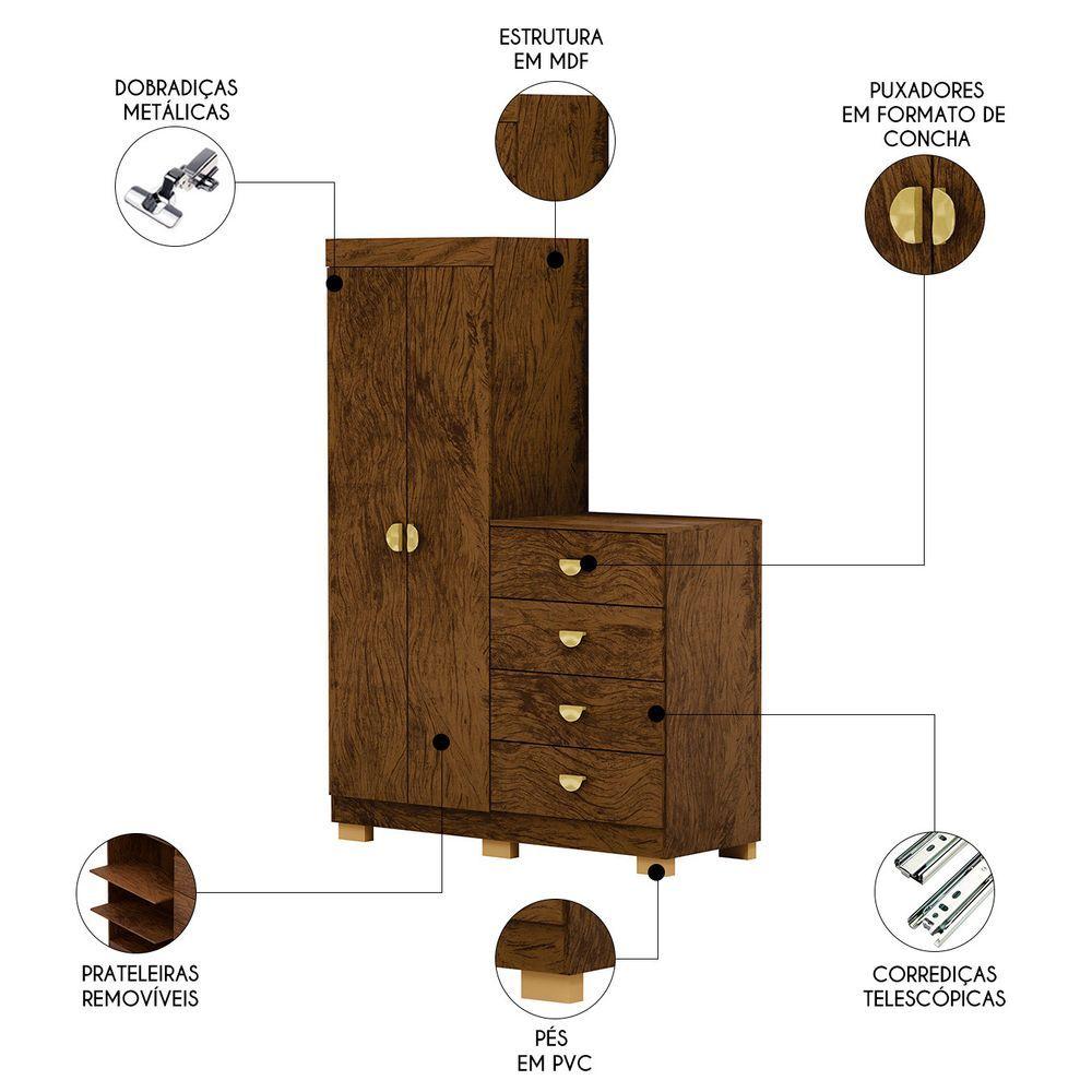 Guarda Roupa Cômoda 4 Gavetas 120cm Cristal Imbuia Rústico Vila Rica