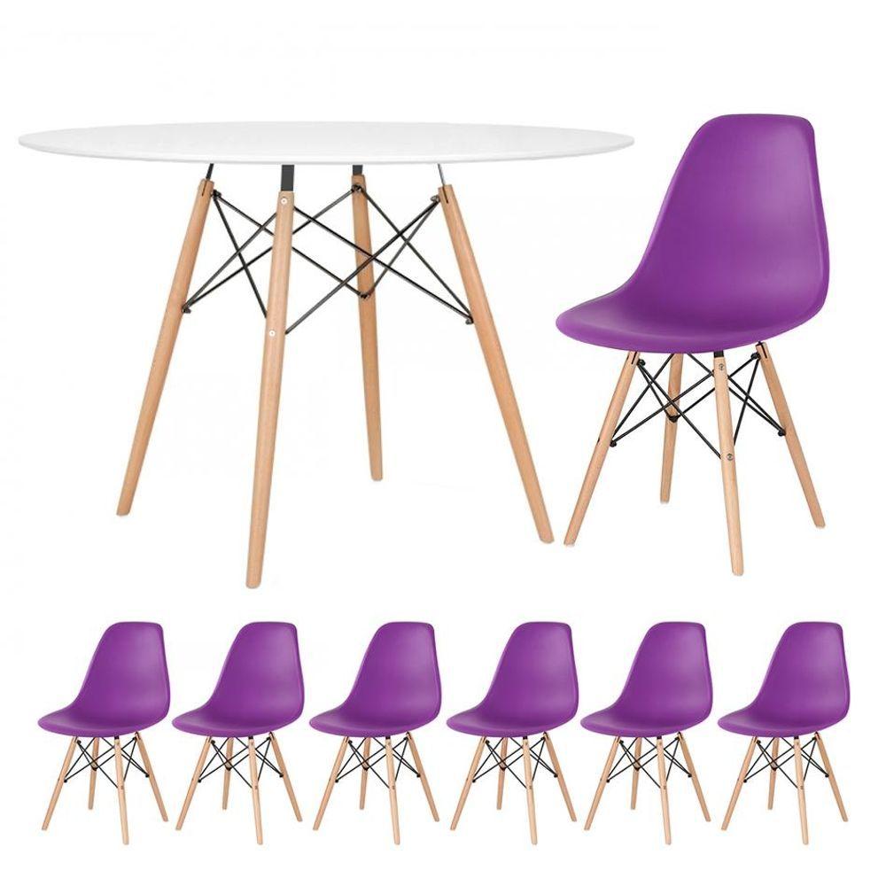 Miniatura Mesa Redonda 120 Cm Branco + 6 Cadeiras Roxo