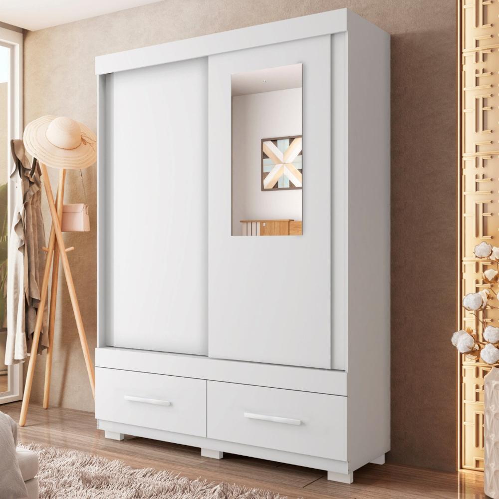 Miniatura Guarda-roupa Solteiro com Espelho 2 Portas de Correr 2 Gavetas Sereno Branco