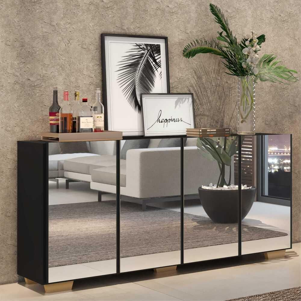 Aparador Buffet 4 Portas com Espelho e Pés Preto/natural