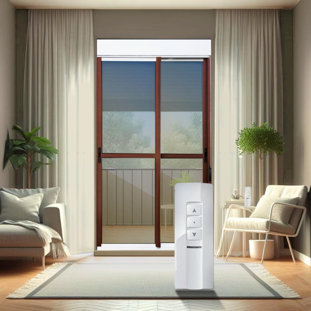 Miniatura Porta de Correr com Persiana integrada Correr com Motor e Controle Remoto 2 Folhas Móveis 230 X 120 Mix Corten