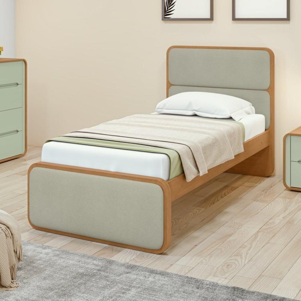 Miniatura Quarto Infantil com 2 Camas Solteiro Loop Tecido Boucle e Mesa de Cabeceira 2 Gavetas Loop Amendoa Clean/Salvia