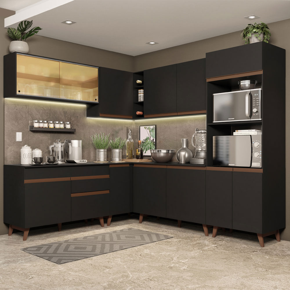 Miniatura Armário de Cozinha Completa de Canto Madesa Reims 452001 com Balcão Preto Cor:Preto