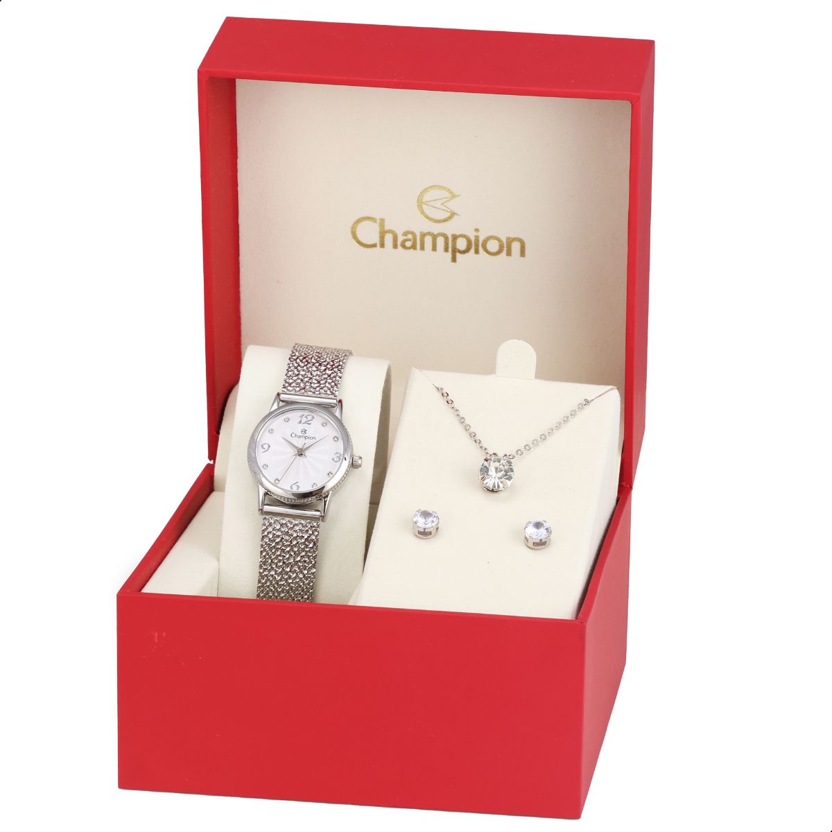 Relógio Feminino Champion Texturizado Mini Prata CF24091Q + Colar e Brincos