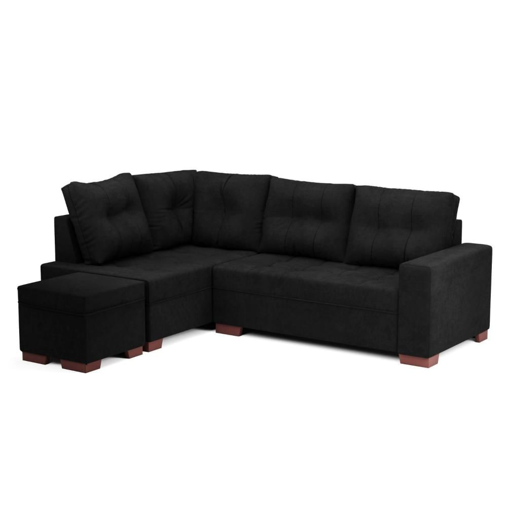 Sofá de Canto com Puff 6 Lugares 238cm Gávea Montreal Preto