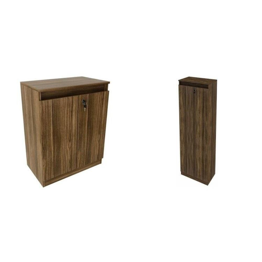 Miniatura Kit 2 Peças Armário Escritório com 2 Portas com Chave, Balcão para Escritório com Chave e 2 Portas Nogal