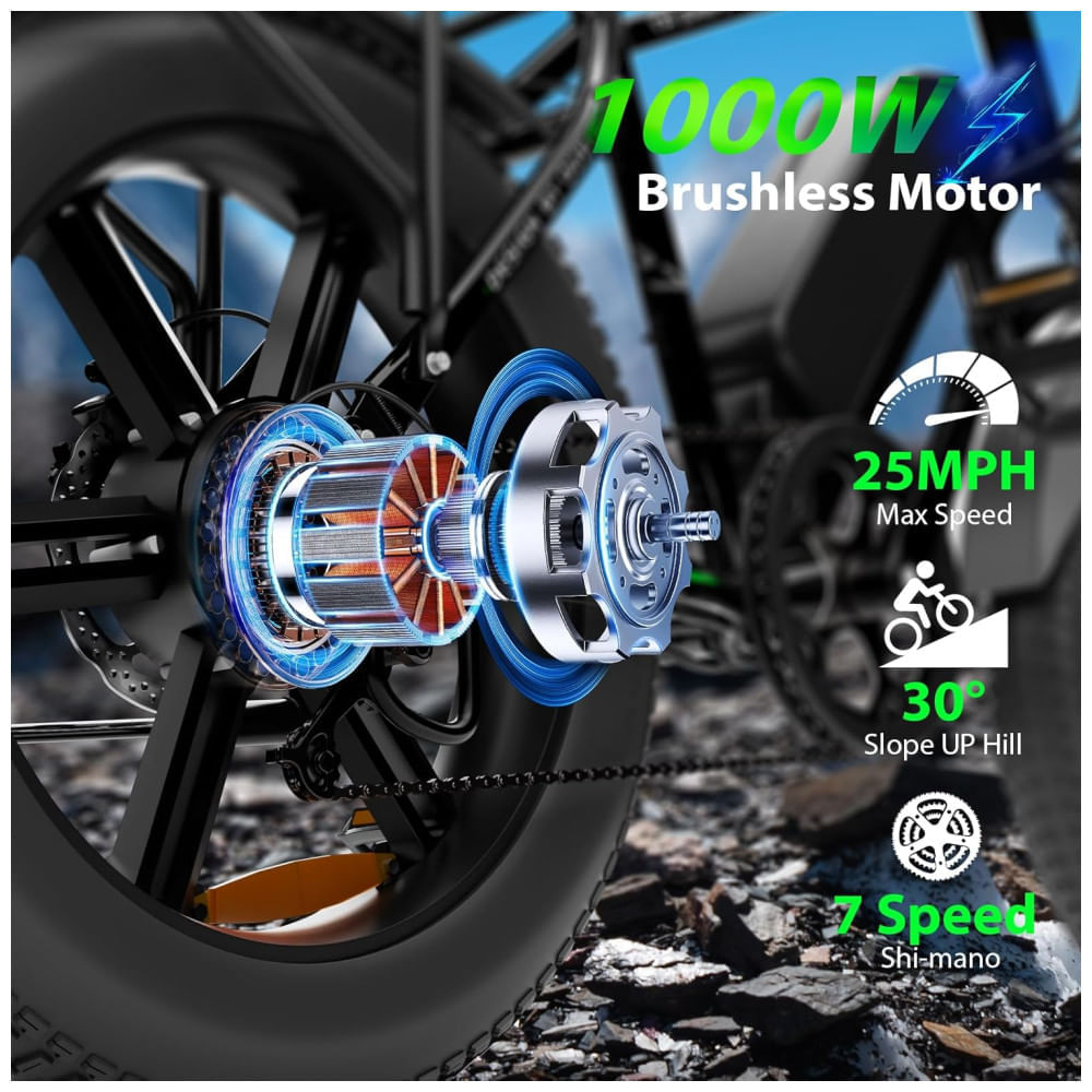 Miniatura Bicicleta Elétrica para Adultos 1000W com Motor de Pico, Até 40km/h Bateria Removível de 48V15AH, Alcance de 61km, Bicicleta Elétrica com Pneu Largo d