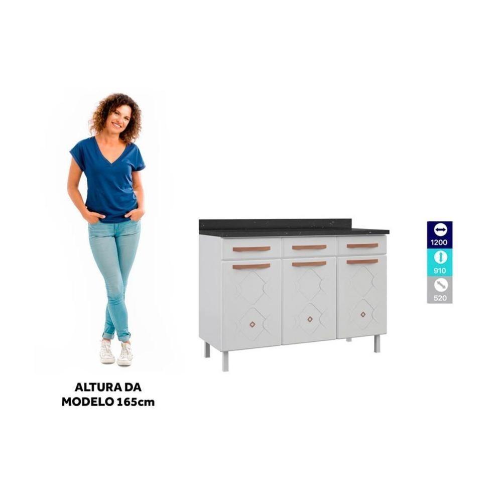 Gabinete P- Pia Cozinha Balcão Mirage New Aço 3 Portas E 3 Gavetas C-tampo 120cm Branco Preto